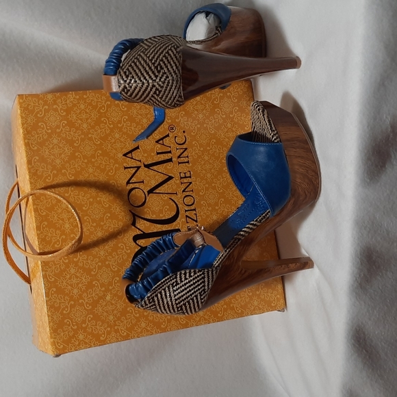 Mona Mia Collezione Inc Shoes - Mona Mia Trinidad Blue Woven Platform Heels Women's Size 6.5 Wrap Vegan Leather